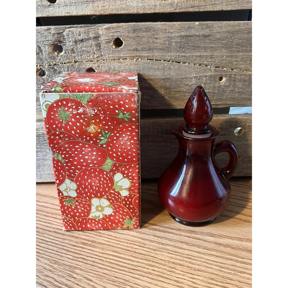 Vintage Strawberry Bath Foam Cruet Ruby Red Glass Avon Decanter and box Burgundy
